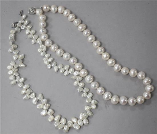 Two modern cultured pearl necklaces with 18ct white gold clasps.